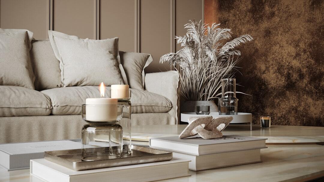 A living room with a couch and a coffee table