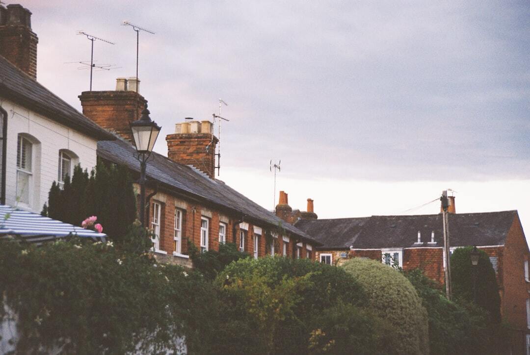 A row of brick houses with chimneys and antennas behind lush green bushes